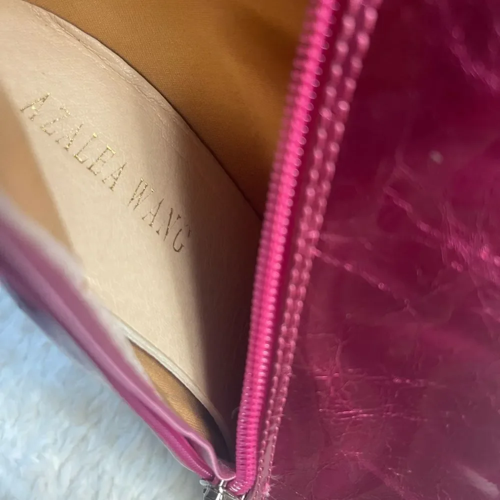 Azalea Wang synthetic Patent metallic Pink/Fuchsia thigh high heel boots SZ 7